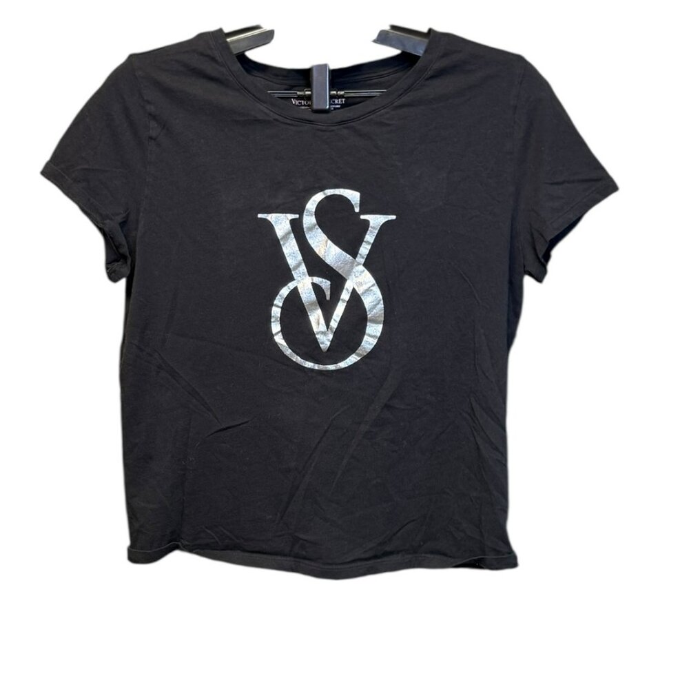 Victorias Secret Womens Black Short Sleeve Silver Foil Graphic Size Medium